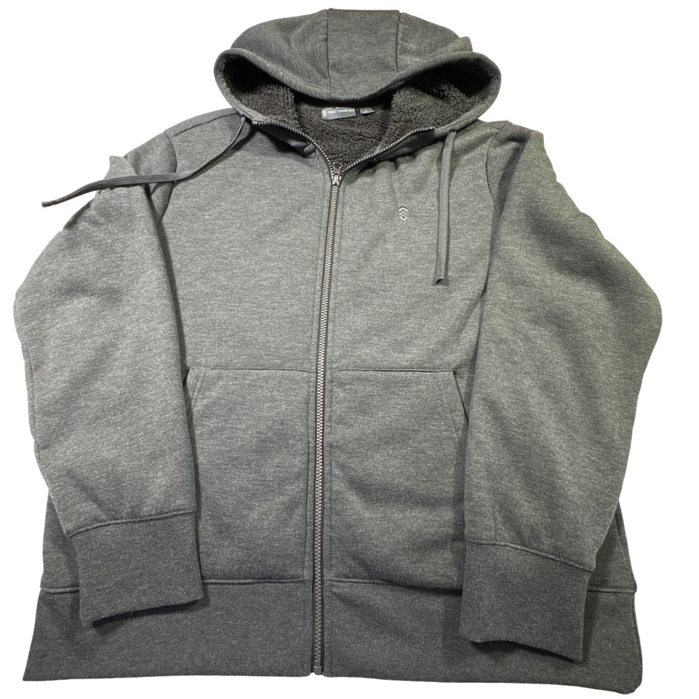 Free Country Mens Large Gray Sherpa Lined Full Zip Hoodie Jacket soft Faux Fur